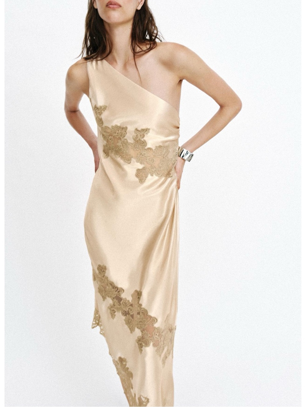 Zara Asymmetric Lingerie Style Midi Dress in Soft Gold - Picture 6 of 11